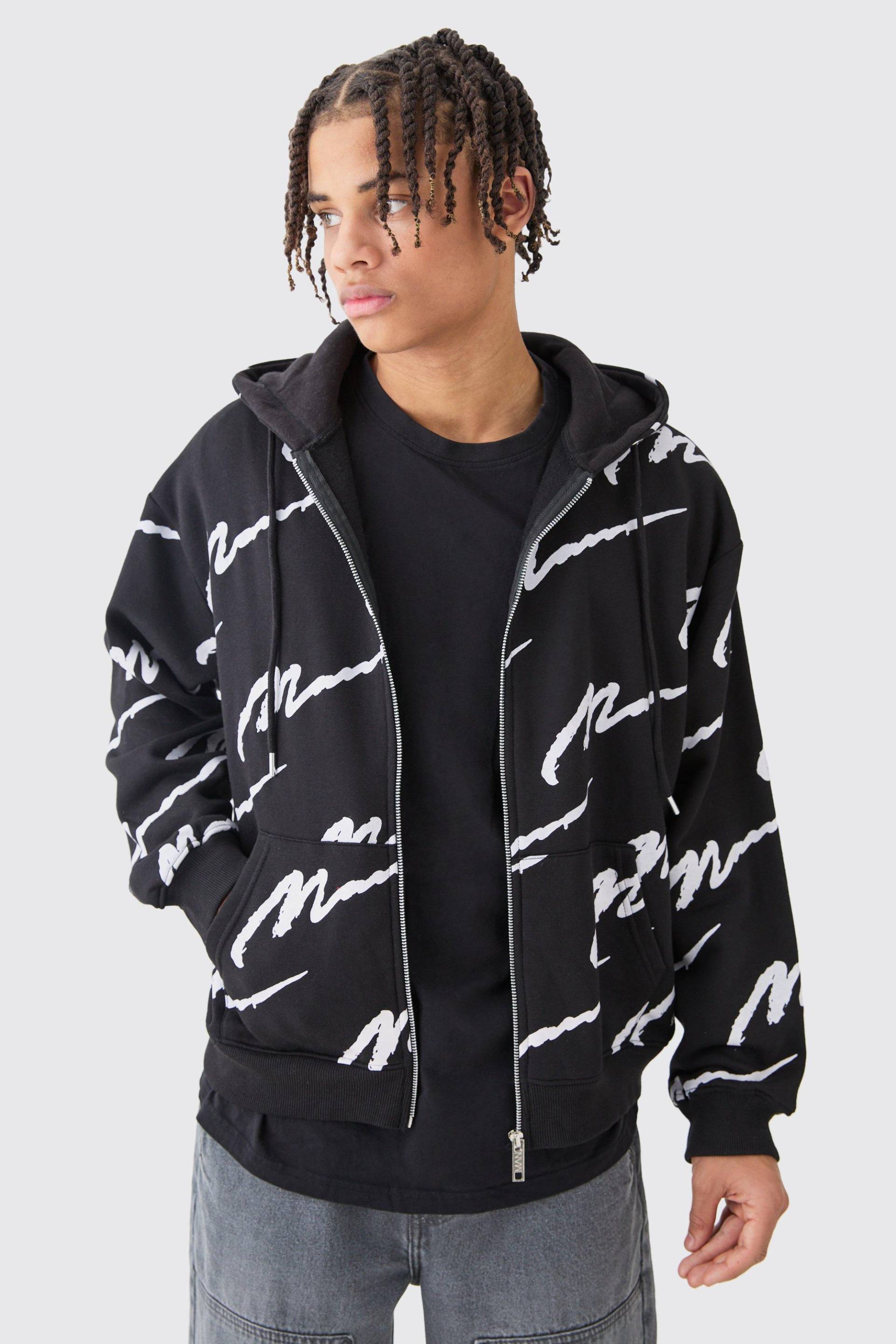 Mens Man Signature All Over Print Boxy Zip Through Hoodie - Schwarz - S, Schwarz von boohooman