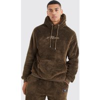 Mens Man Signature Borg-Hoodie - Khaki - S, Khaki von boohooman