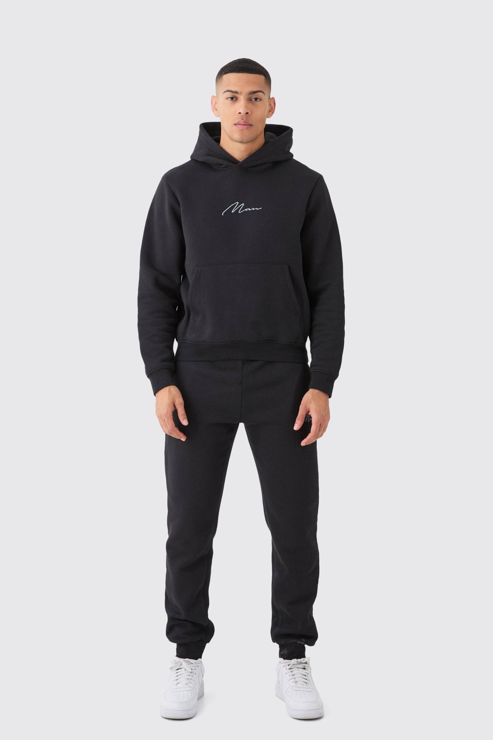 Mens Man Signature Boxy Hooded Tracksuit - Schwarz - L, Schwarz von boohooman