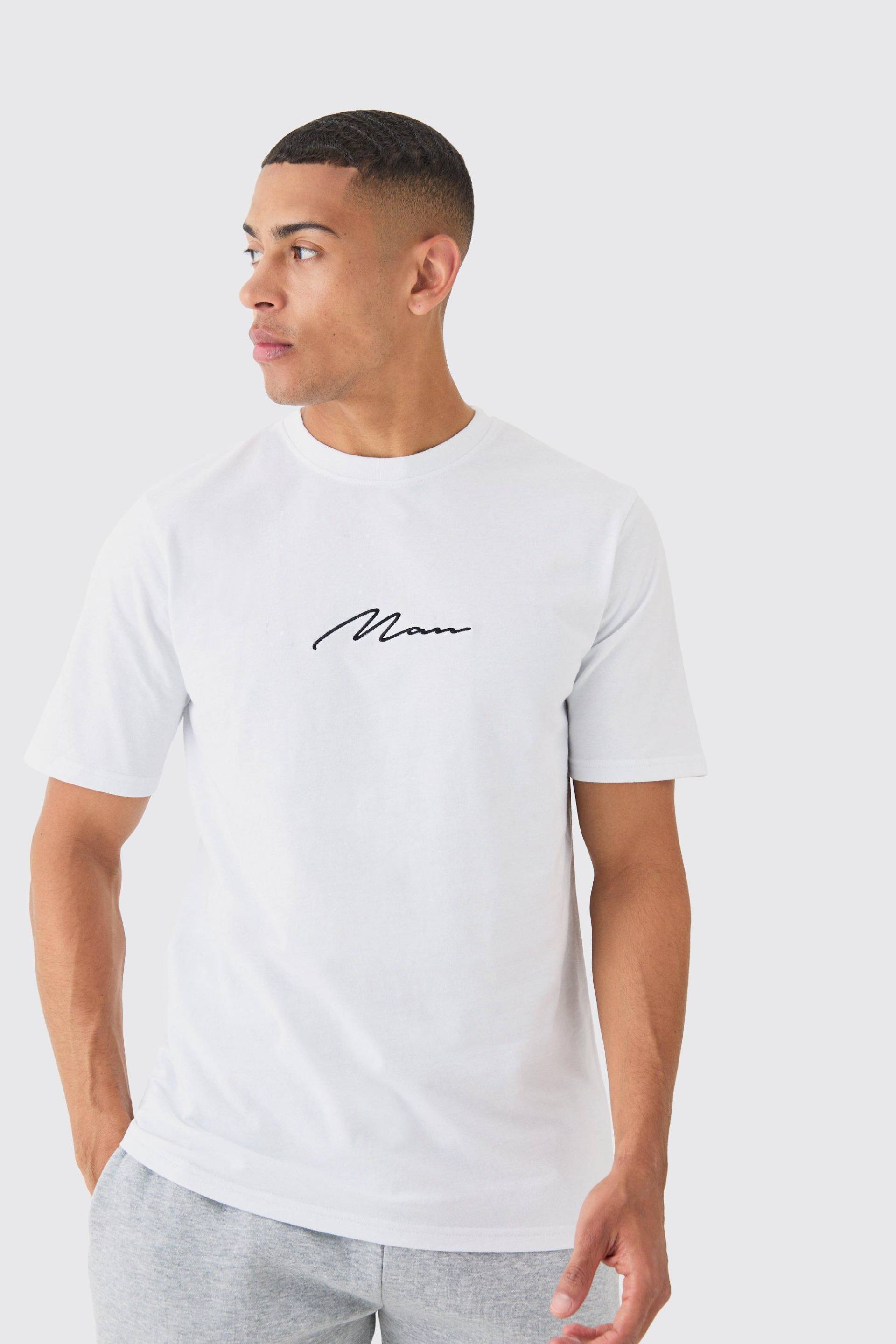 Mens Man Signature Embroidered T-shirt - Weiß - XS, Weiß von boohooman