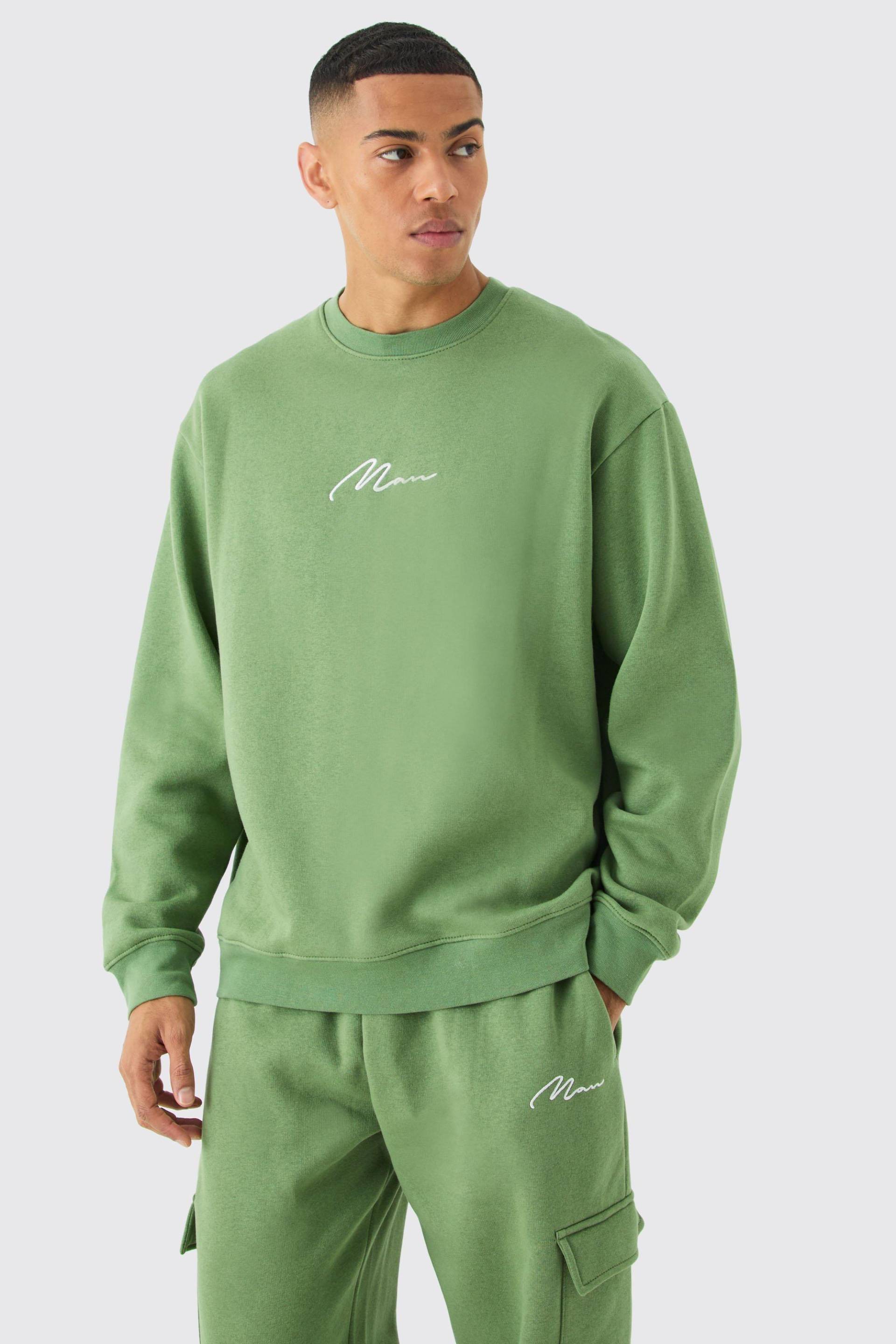 Mens Man Signature Oversized Sweatshirt Cargo Tracksuit - Grün - M, Grün von boohooman