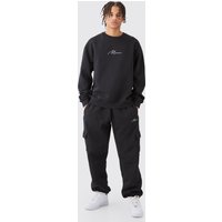 Mens Man Signature Oversized Sweatshirt Cargo Tracksuit - Schwarz - L, Schwarz von boohooman