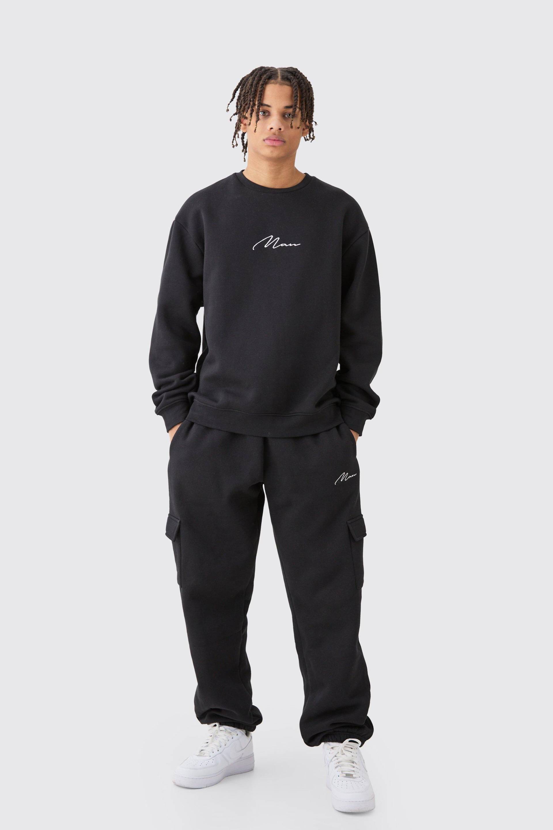 Mens Man Signature Oversized Sweatshirt Cargo Tracksuit - Schwarz - L, Schwarz von boohooman