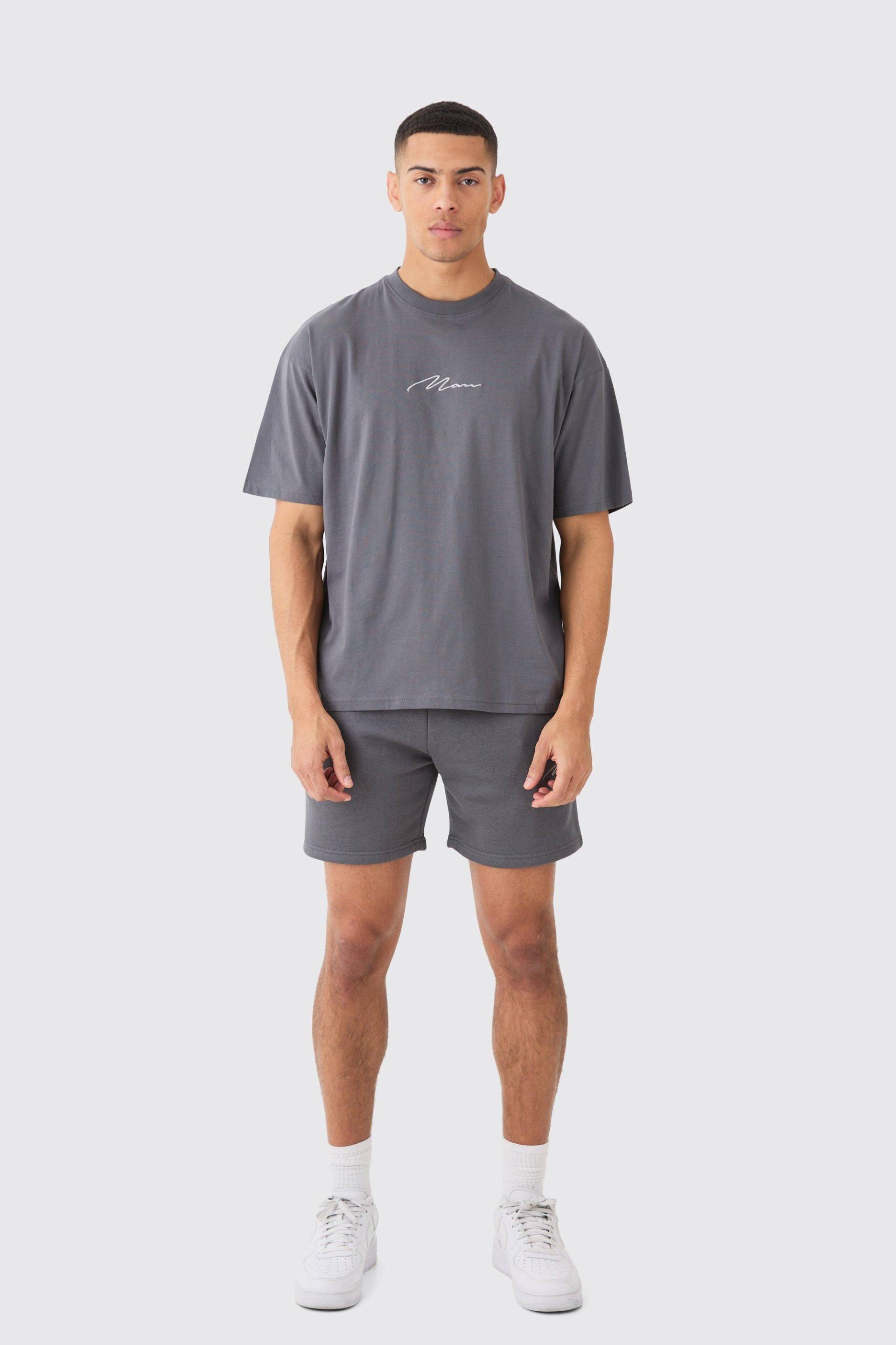 Mens Man Signature T-shirt And Loose Short Set - Grau - L, Grau von boohooman