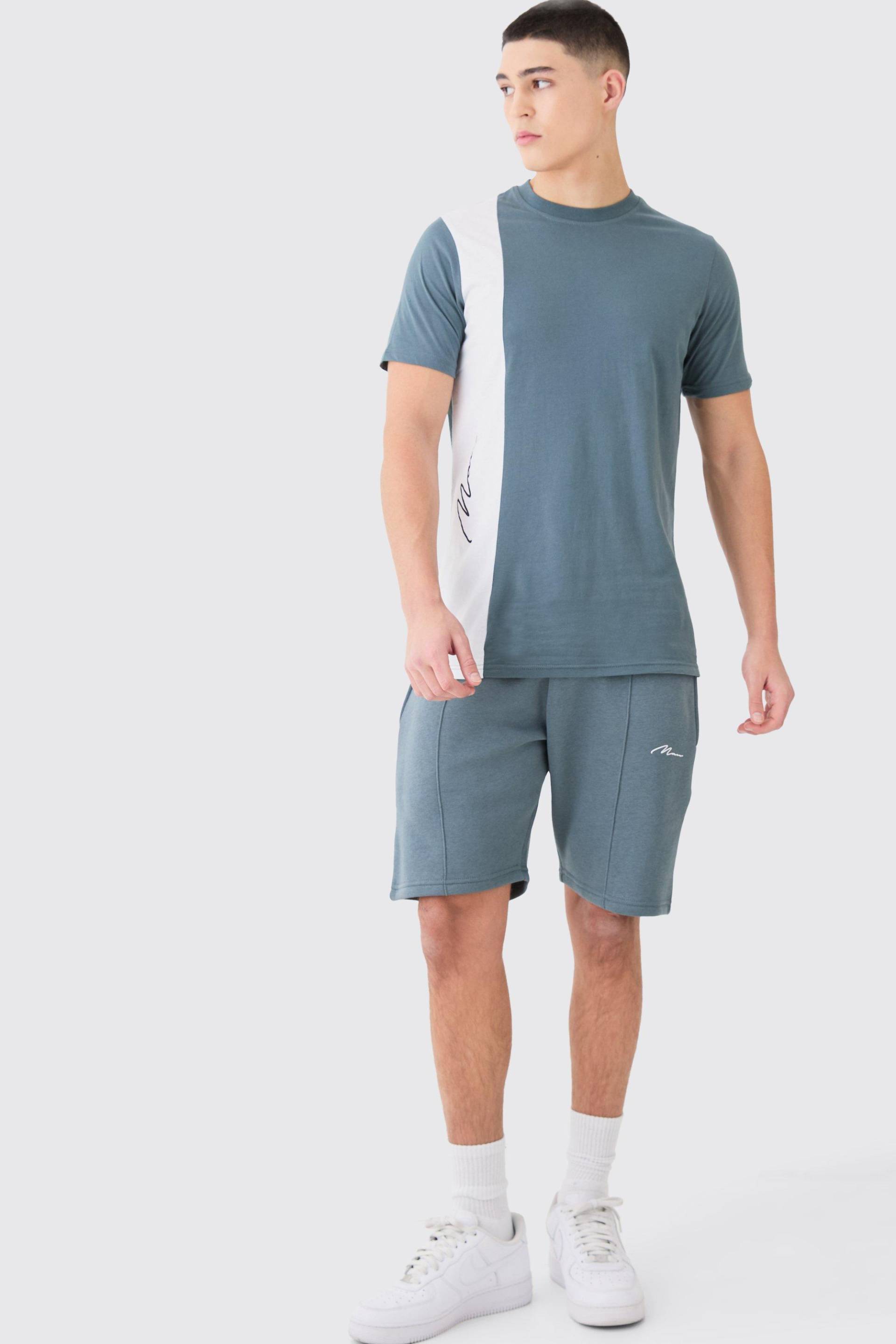 Mens Man Slim-Fit Colorblock T-Shirt und Shorts - Blau - M, Blau von boohooman