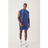 Mens Man Velour Oversized vest & Pinktuck Shorts Set - Blau - S, Blau von boohooman