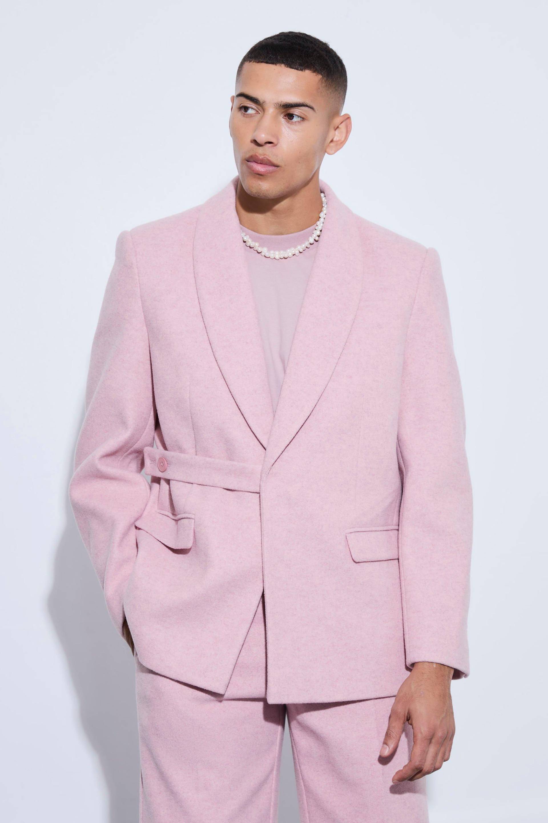 Mens Melton Wool Oversized Strap Detail Blazer - Rosa - 42, Rosa von boohooman