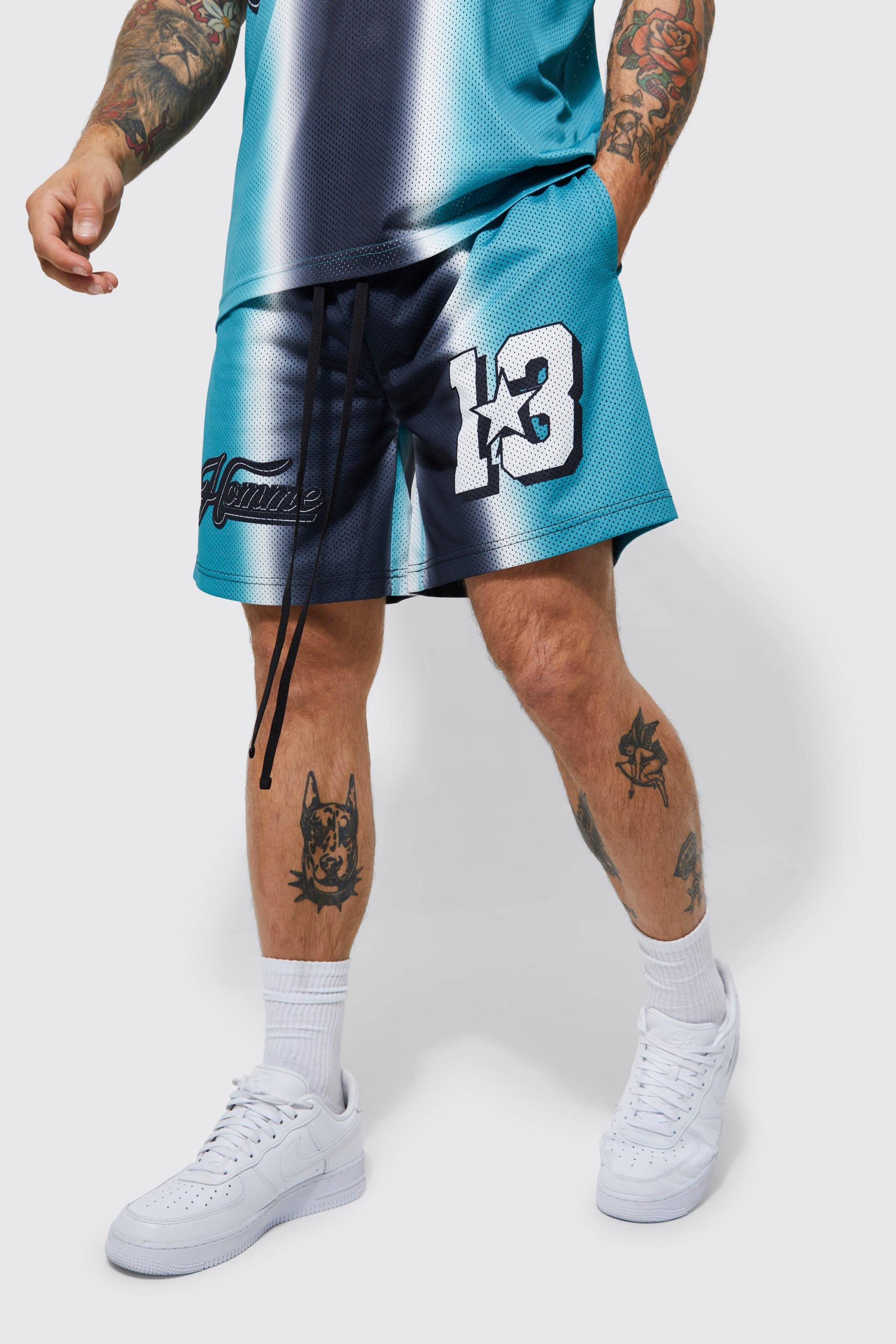 Mens Mesh Basketball-Shorts mit Homme Farbverlauf-Print - Petrol - L, Petrol von boohooman