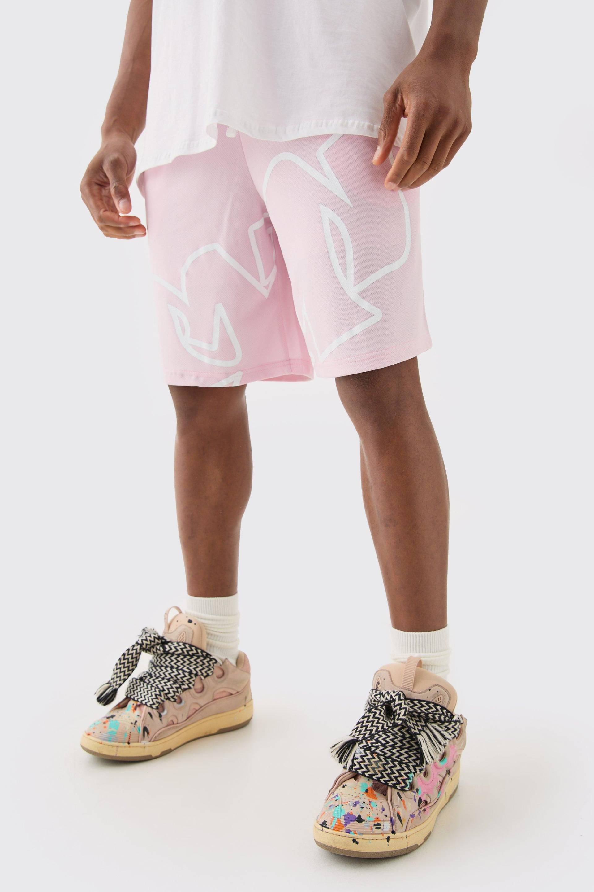 Mens Mesh Printed Basketball Short - Rosa - L, Rosa von boohooman