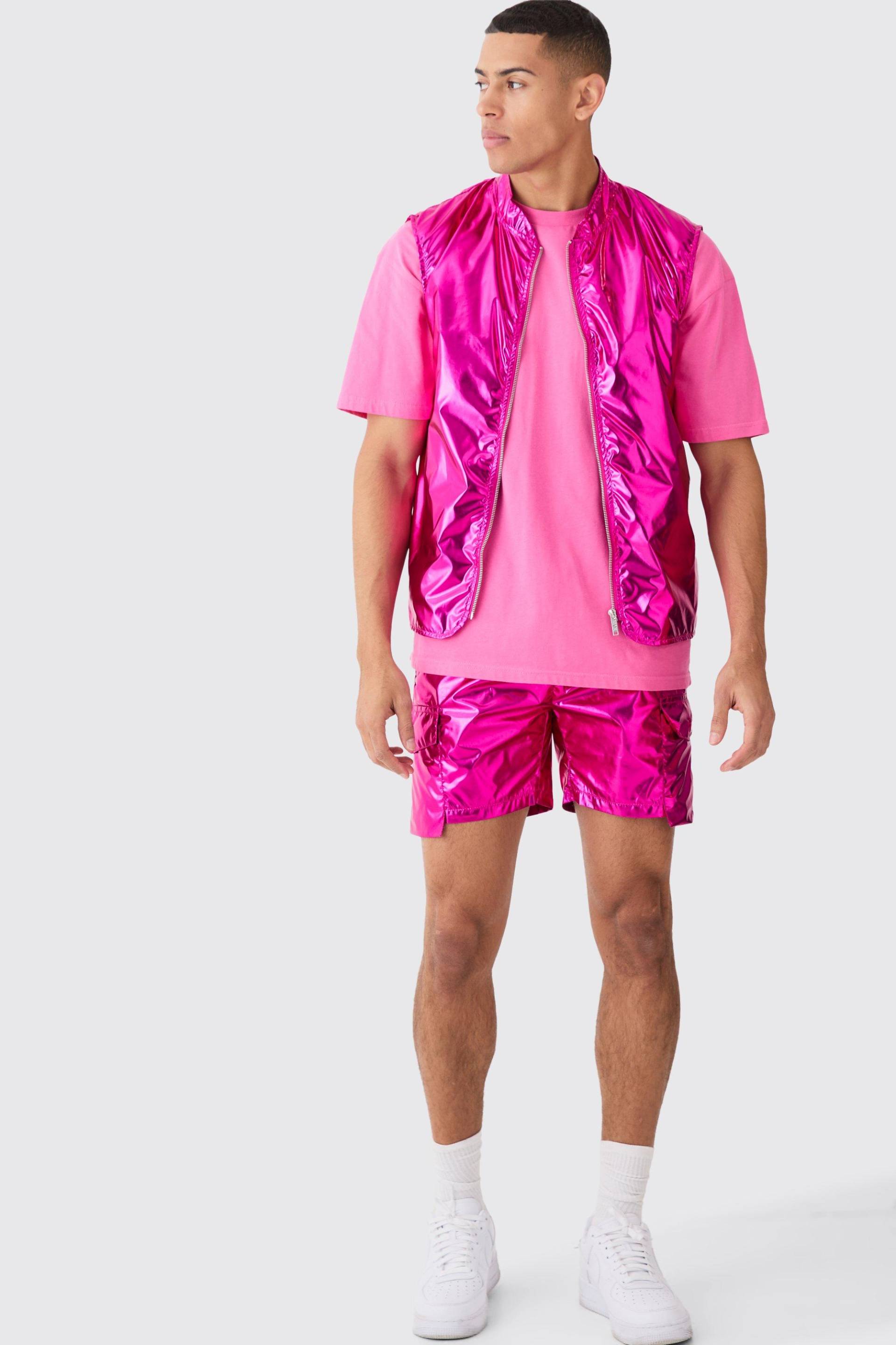 Mens Metallic Vest And Parachute Short Set - Rosa - XL, Rosa von boohooman