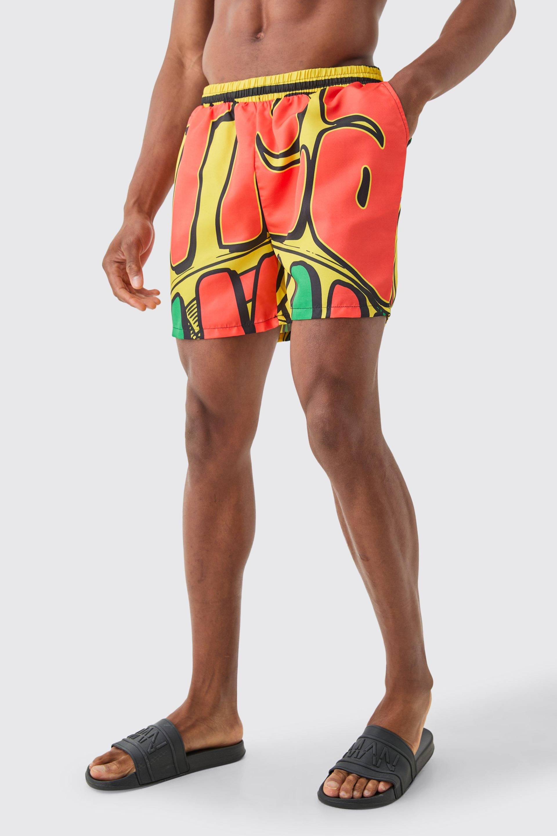 Mens Mid Length Graffiti Swim Short - Mehrfarbig - M, Mehrfarbig von boohooman