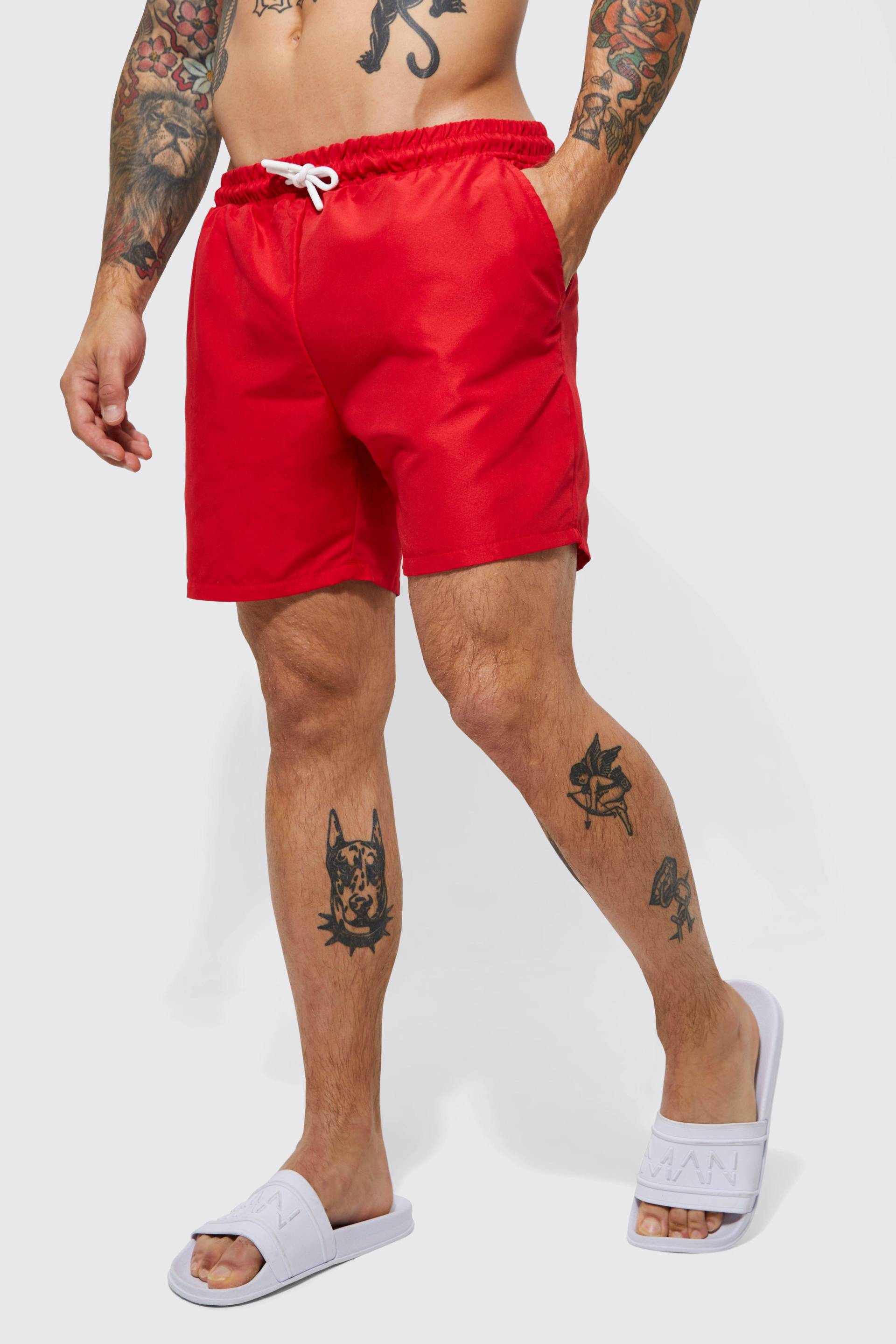 Mens Mittellange Badehose - Rot - L, Rot von boohooman