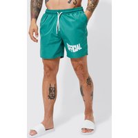 Mens Mittellange Badehose mit Homme-Bund - Grün - M, Grün von boohooman