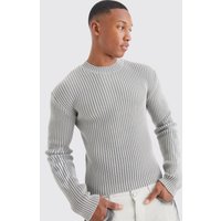 Mens Gerippter Muscle-Fit Strickpullover mit Acid-Waschung - Grau - M, Grau von boohooman