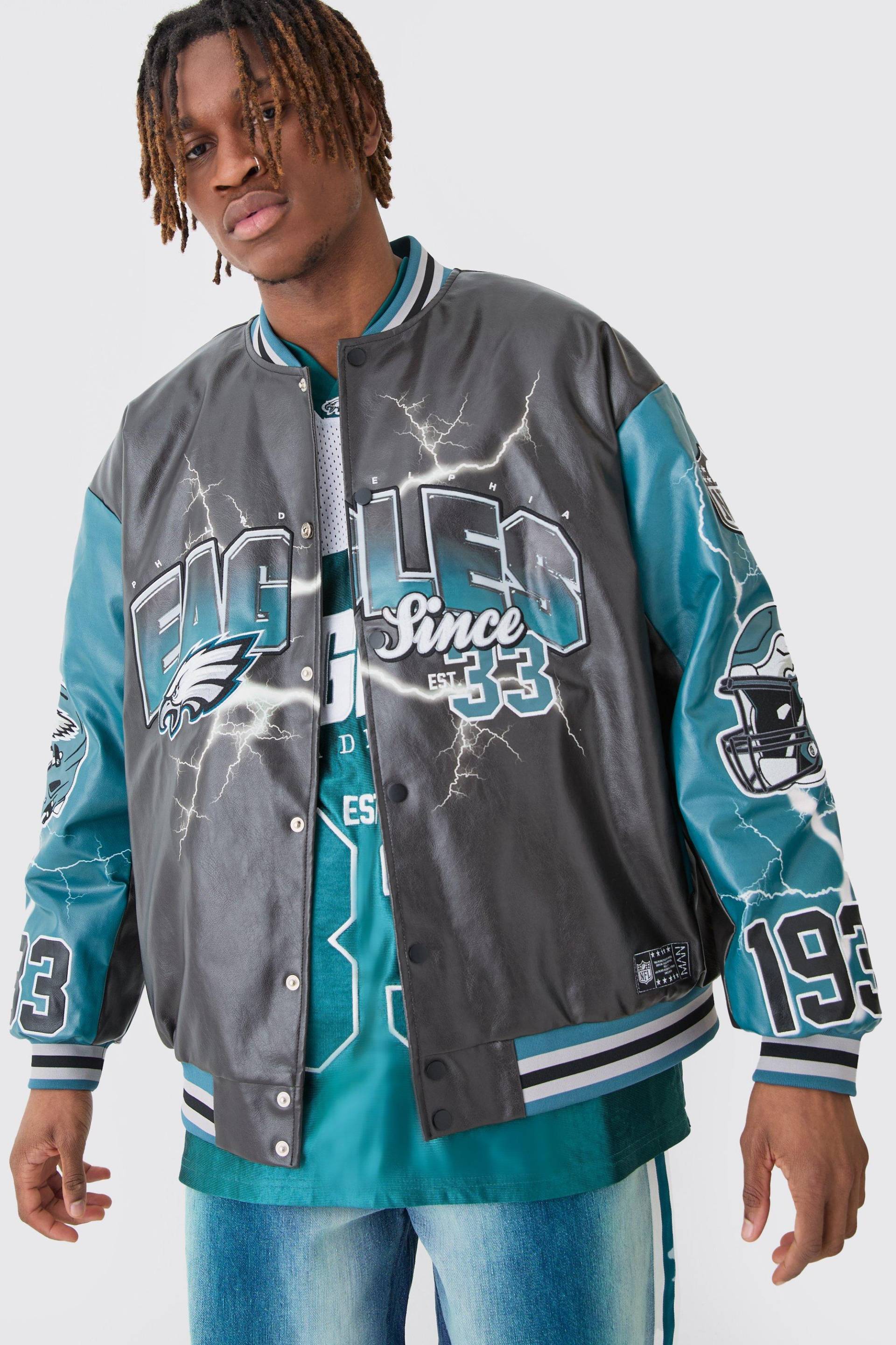 Mens Nfl Eagles Oversized Varsity Pu Applique Jacket - Schwarz - M, Schwarz von boohooman