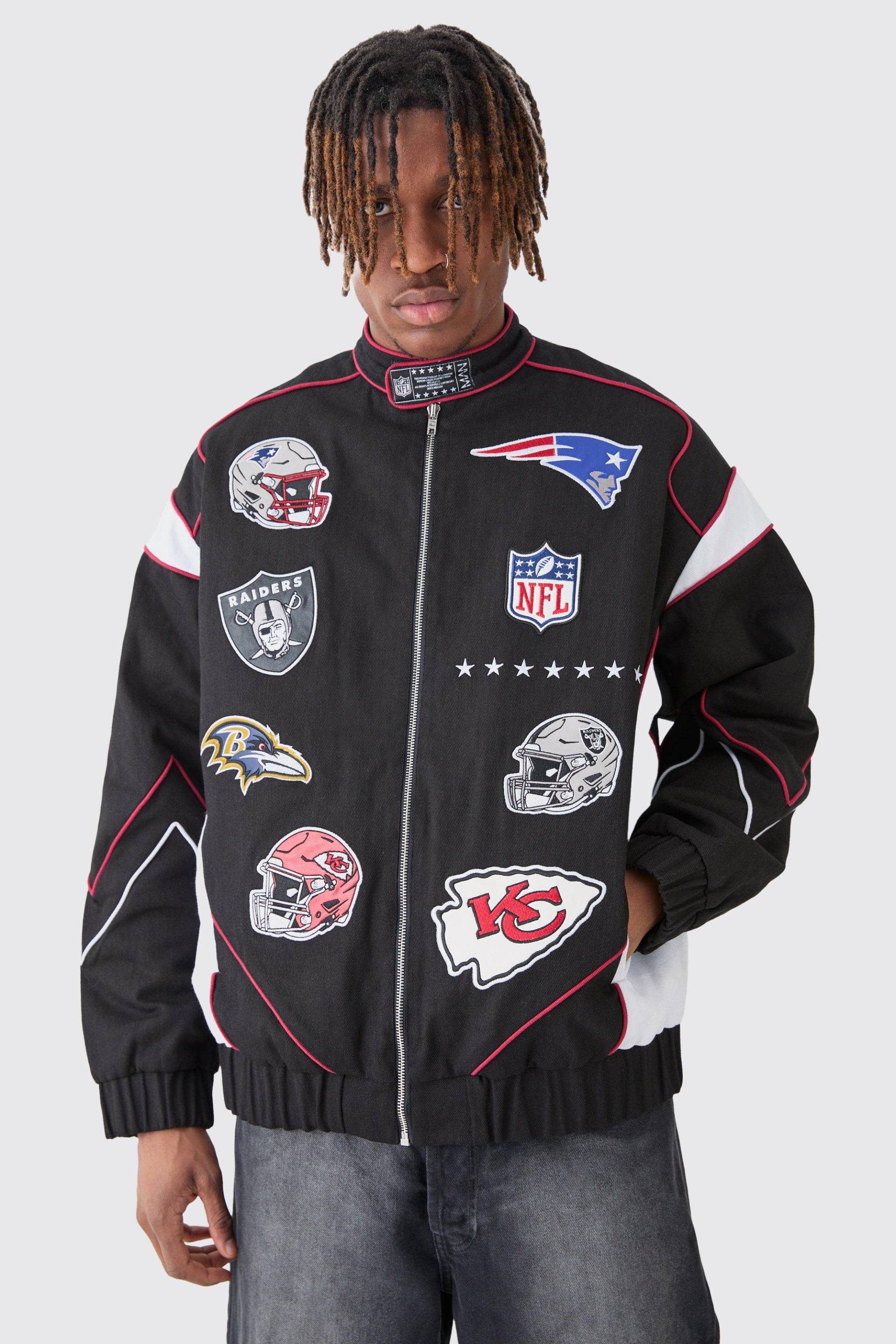 Mens Nfl Oversized Moto Pu Jacket With Applique Badges - Schwarz - XL, Schwarz von boohooman