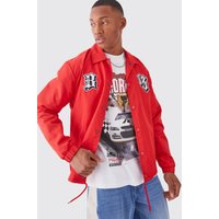 Mens Nylon Coach-Jacke mit Aufnäher - Rot - M, Rot von boohooman