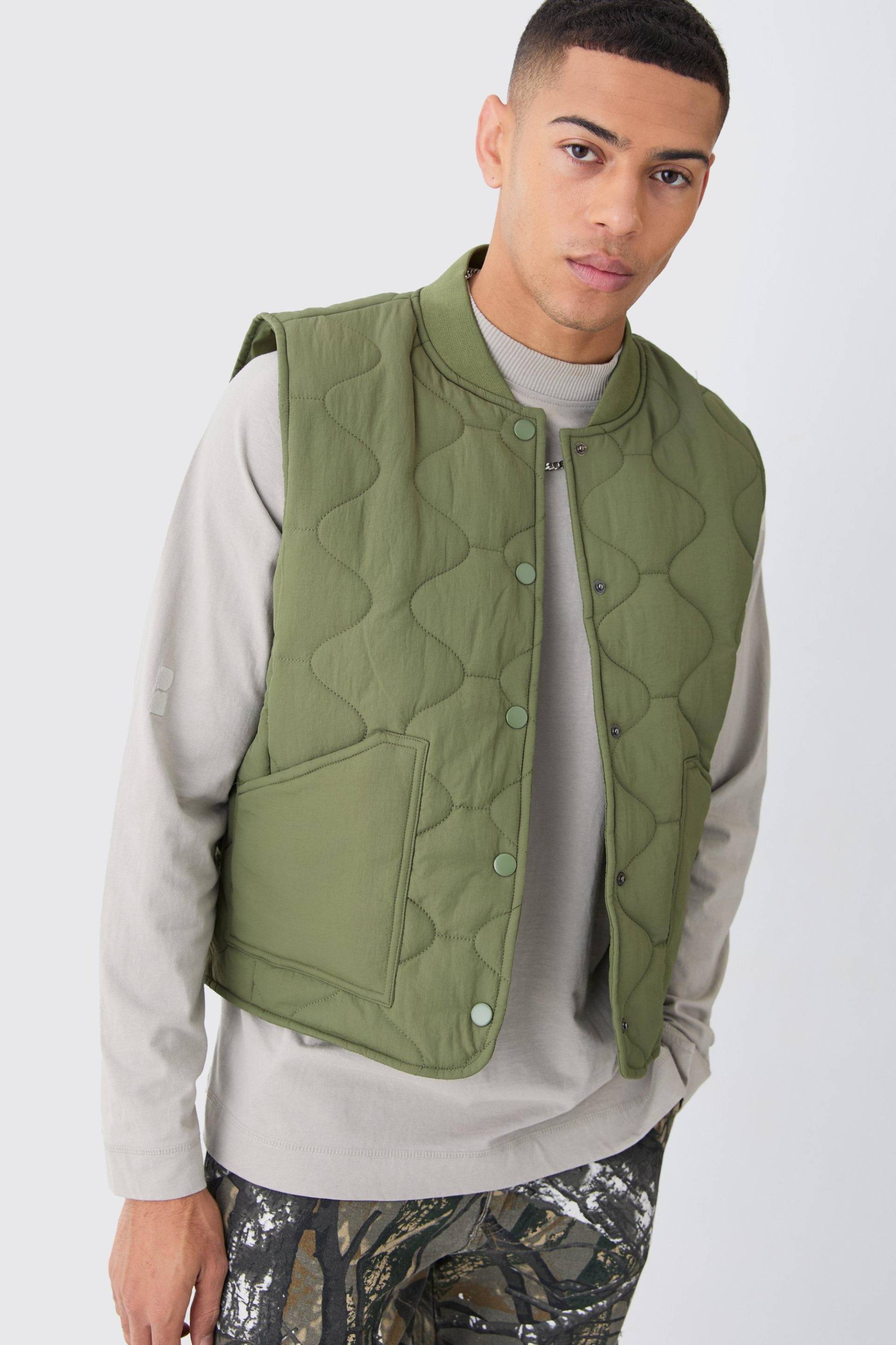 Mens Onion Quilted Gilet - Khaki - S, Khaki von boohooman