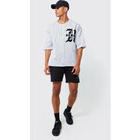 Mens Oversize Homme Baseball-Poloshirt und Shorts mit Nadelstreifen - Schwarz - L, Schwarz von boohooman