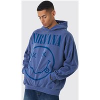 Oversize Hoodie mit Nirvana-Waschung und lizenziertem Print - Blau - XS, Blau Oversize Hoodie mit Nirvana-Waschung und lizenziertem Print - Blau - XS, Blau von boohooman