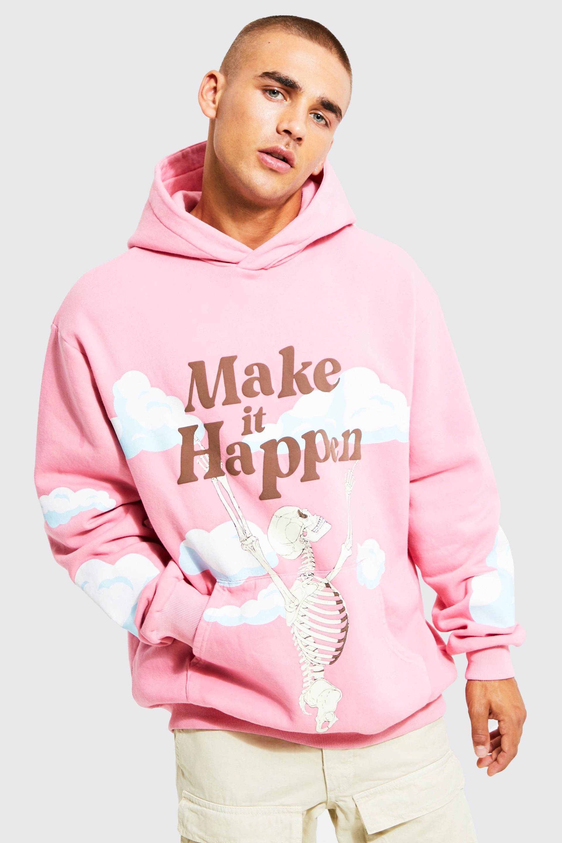 Mens Oversize Hoodie mit Skelett-Print - Rosa - L, Rosa von boohooman