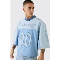Oversize Jeans T-Shirt mit Fußball-Stickerei - Blau - XS, Blau Oversize Jeans T-Shirt mit Fußball-Stickerei - Blau - XS, Blau von boohooman