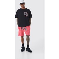 Mens Oversize Ofcl Varsity T-Shirt & Shorts - Rot - M, Rot von boohooman