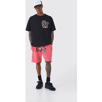 Mens Oversize Ofcl Varsity T-Shirt & Shorts - Rot - S, Rot von boohooman