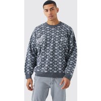 Mens Oversize Strick-Pullover mit Print - Grau - L, Grau von boohooman