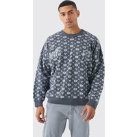 Mens Oversize Strick-Pullover mit Print - Grau - XL, Grau von boohooman