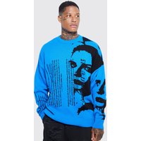 Mens Oversize Strickpullover mit Text - Blau - XL, Blau von boohooman