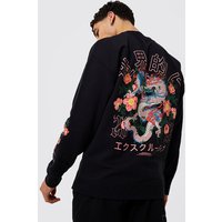 Mens Oversize Sweatshirt mit floralem Oversize Drachen-Print - Schwarz - XL, Schwarz von boohooman