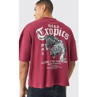Mens Oversize T-Shirt mit Dark Tropics Print - Rot - M, Rot von boohooman