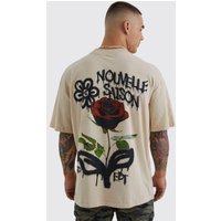 Mens Oversize T-Shirt mit Graffiti Blumenprint - Grau - S, Grau von boohooman