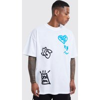 Mens Oversize T-Shirt mit Graifitti-Print - Ecru - XL, Ecru von boohooman