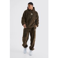 Mens Oversize Trainingsanzug mit Kapuze und Stickerei - Khaki - M, Khaki von boohooman