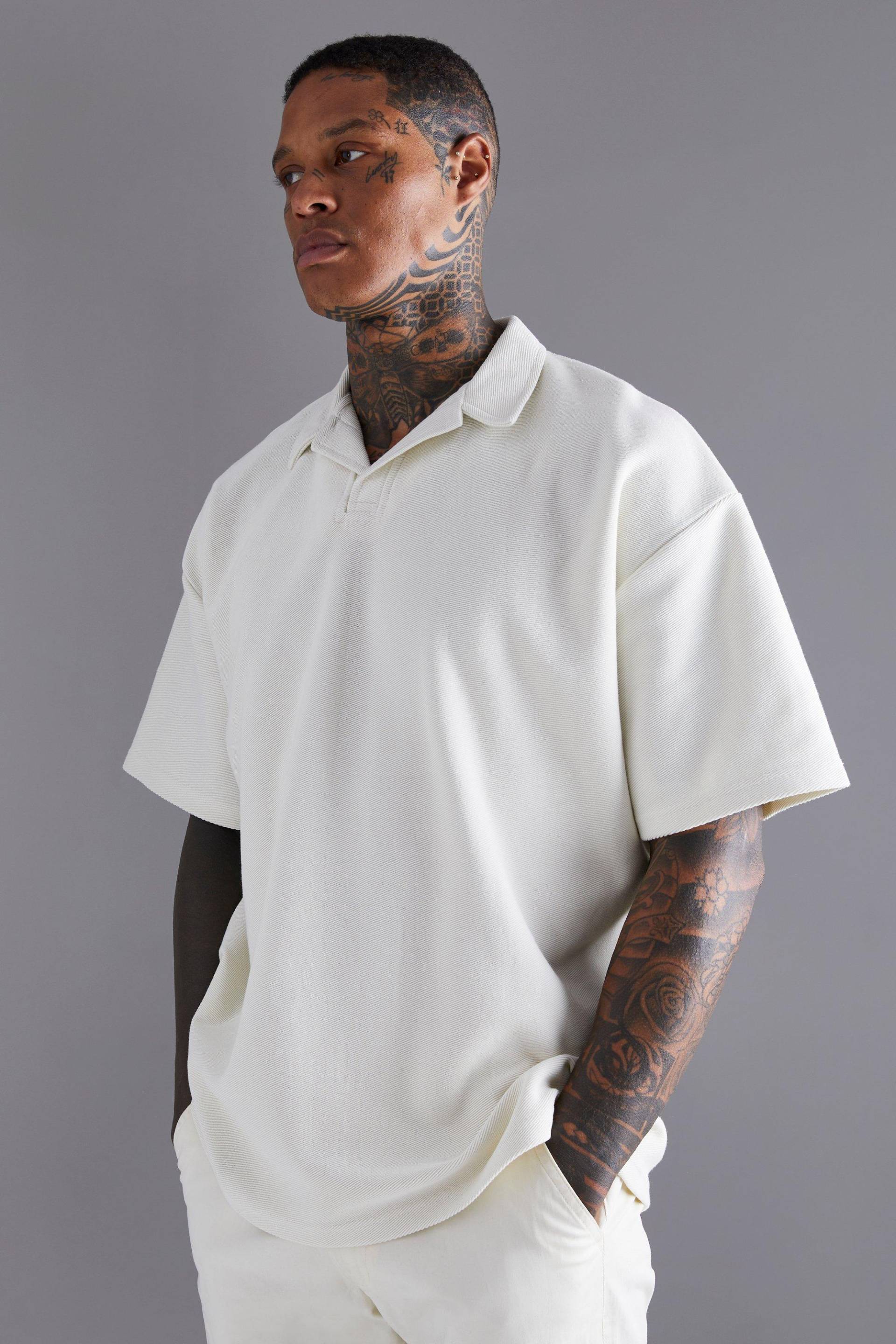 Mens Oversize Twill Jersey-Poloshirt - Ecru - M, Ecru von boohooman