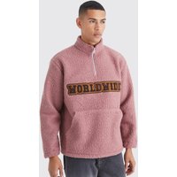 Mens Oversize Sweatshirt mit 1/4 Reißverschluss und Bouclee-Applikation - Malve - L, Malve von boohooman