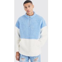 Mens Oversize Borg Colorblock Sweatshirt mit 1/4 Reißverschluss - Blau - S, Blau von boohooman