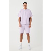 Mens Oversized 1/4 Zip Embroided Polo And Short Set - Lila - S, Lila von boohooman