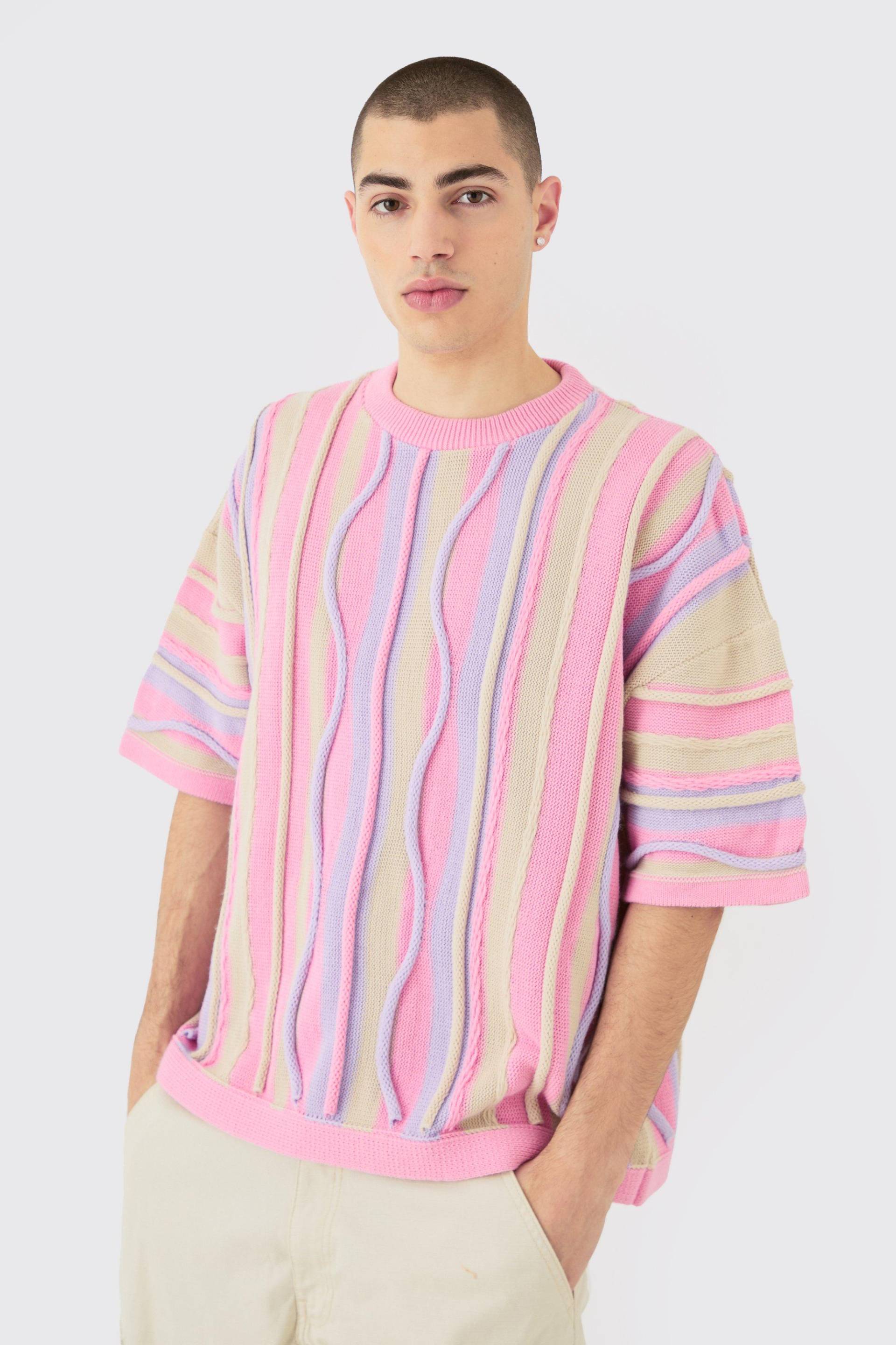 Mens Oversized 3d Jacquard Knit T-shirt - Rosa - L, Rosa von boohooman