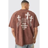 Oversize T-Shirt mit Acid-Waschung und Kreuz-Print - Braun - L, Braun Oversize T-Shirt mit Acid-Waschung und Kreuz-Print - Braun - L, Braun von boohooman