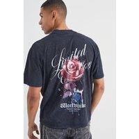 Mens T-Shirt mit Acid-Waschung und floralem Print - Grau - S, Grau von boohooman