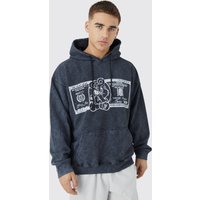 Mens Oversize Hoodie mit Acid-Waschung und Print - Grau - M, Grau von boohooman