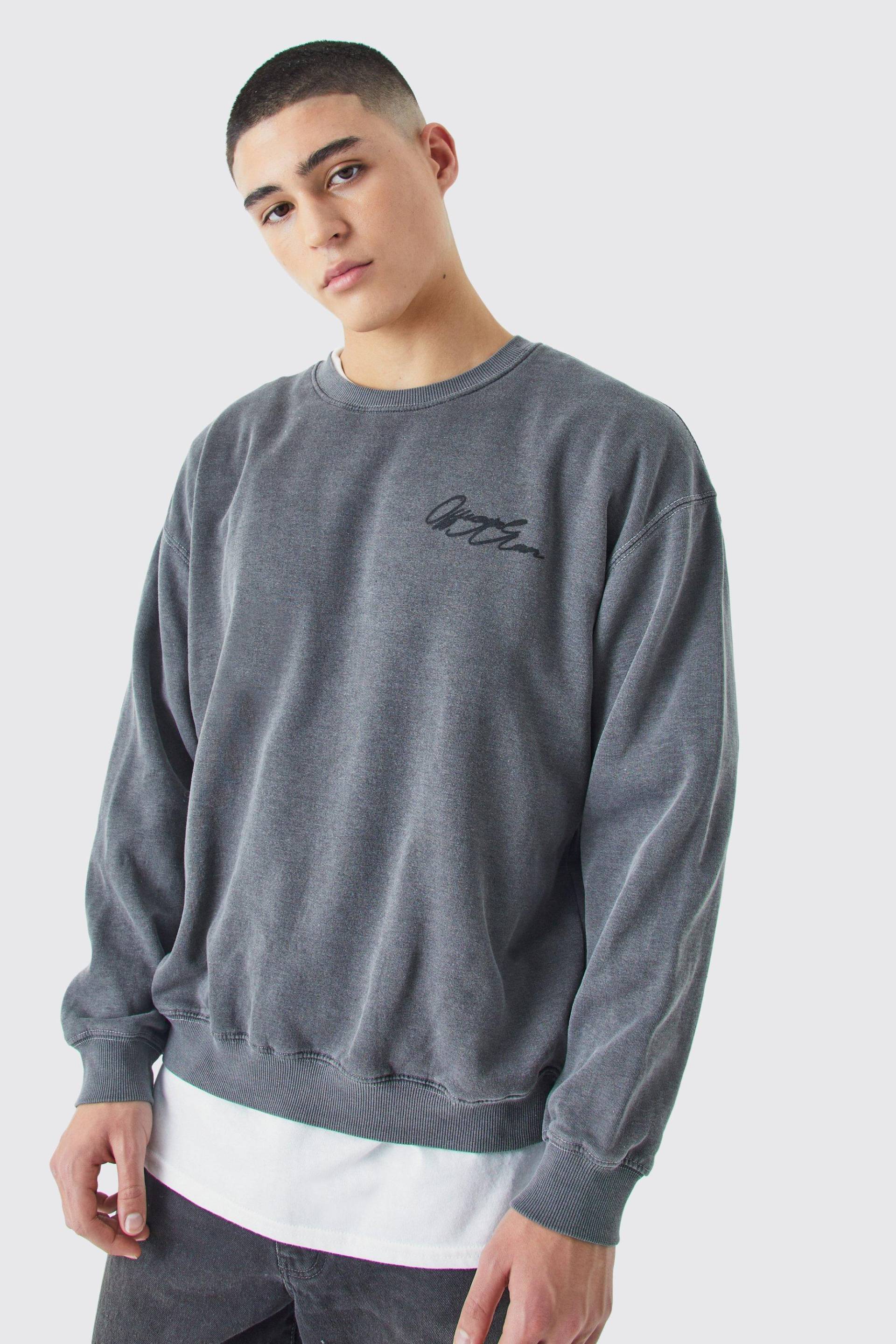 Mens Kastiges Oversize Sweatshirt mit Acid-Waschung und Man-Print - Grau - S, Grau von boohooman