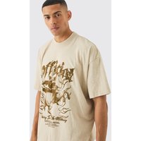 Mens Oversized Acid Wash Official Graphic T-shirt - Beige - L, Beige von boohooman