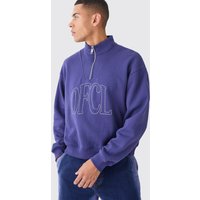 Mens Oversized Boxy 1/4 Zip Chain Stitch Offcl Embroidered Hoodie - Blau - L, Blau von boohooman