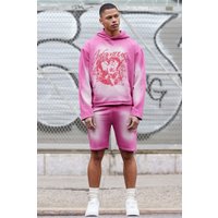 Mens Oversized Boxy Acid Wash Graphic Raw Hem Short Tracksuit - Rosa - L, Rosa von boohooman