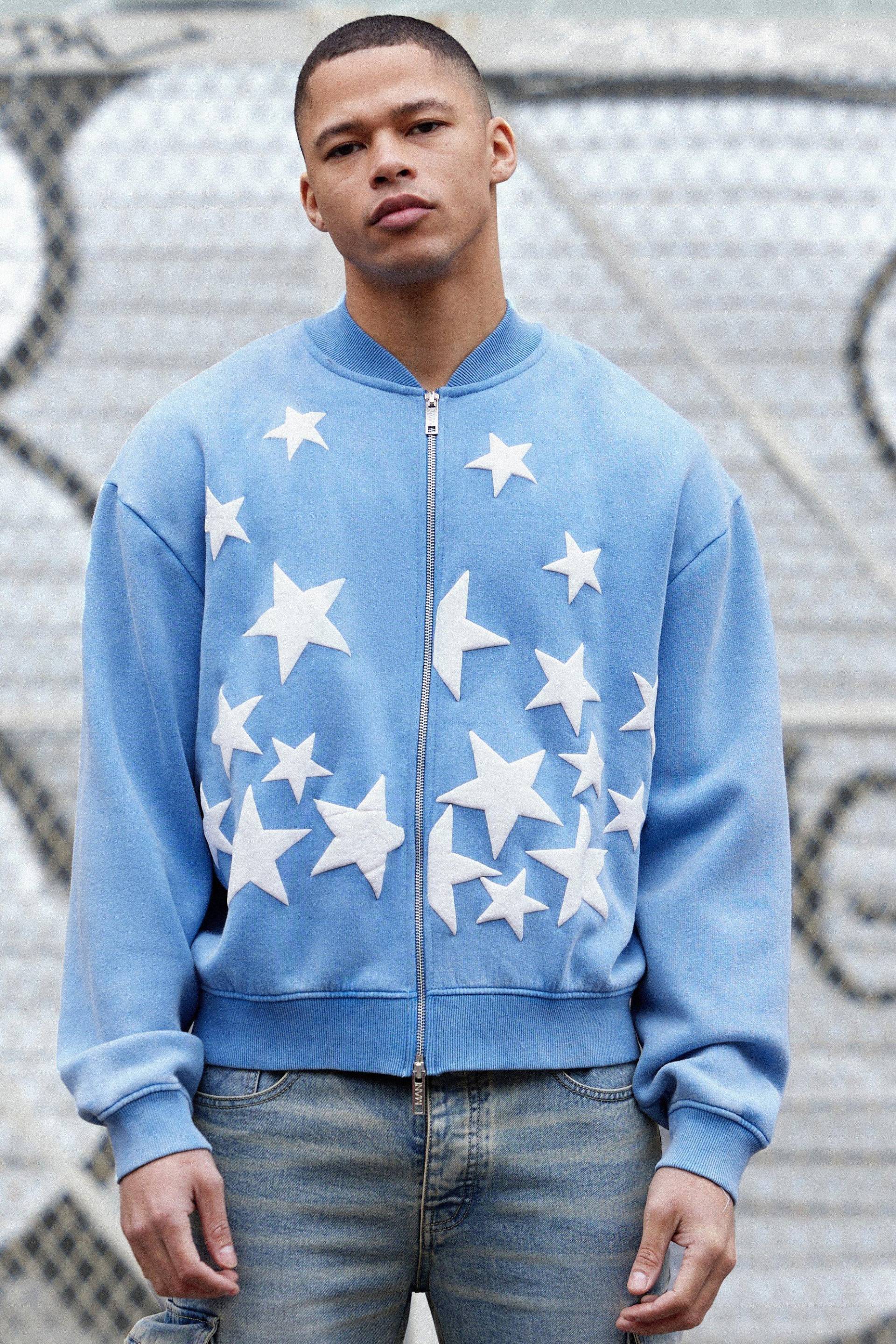 Mens Oversized Boxy Acid Wash Star Applique Jersey Bomber Jacket - Blau - M, Blau von boohooman