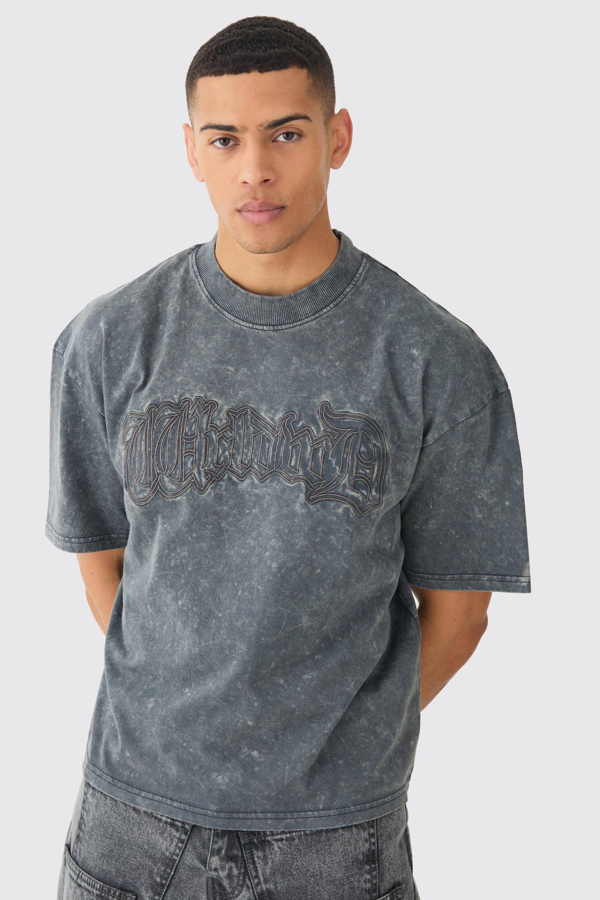 Mens Oversized Boxy Acid Wash Worldwide Applique T-shirt - Grau - L, Grau von boohooman